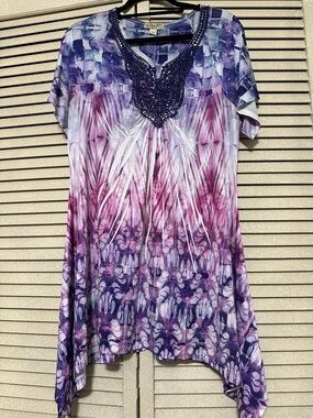ONE WORLD Purple Ombre Crochet-Trim Tunic Top NWOT